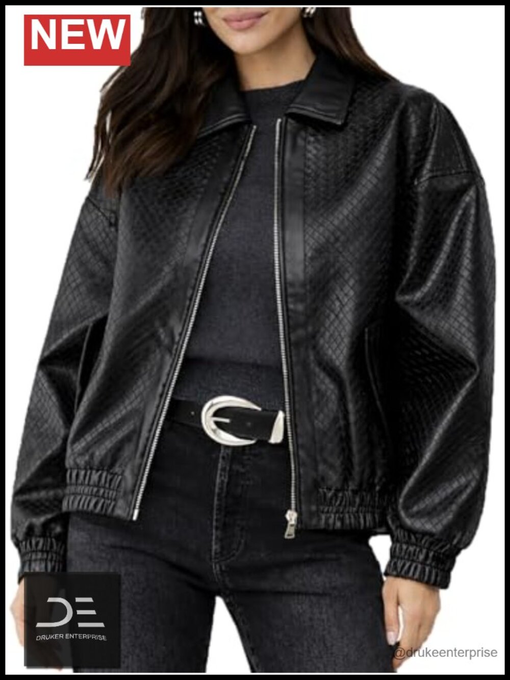 Faux Leather Bomber Jacket Textured Zip Up Cropped Street Style